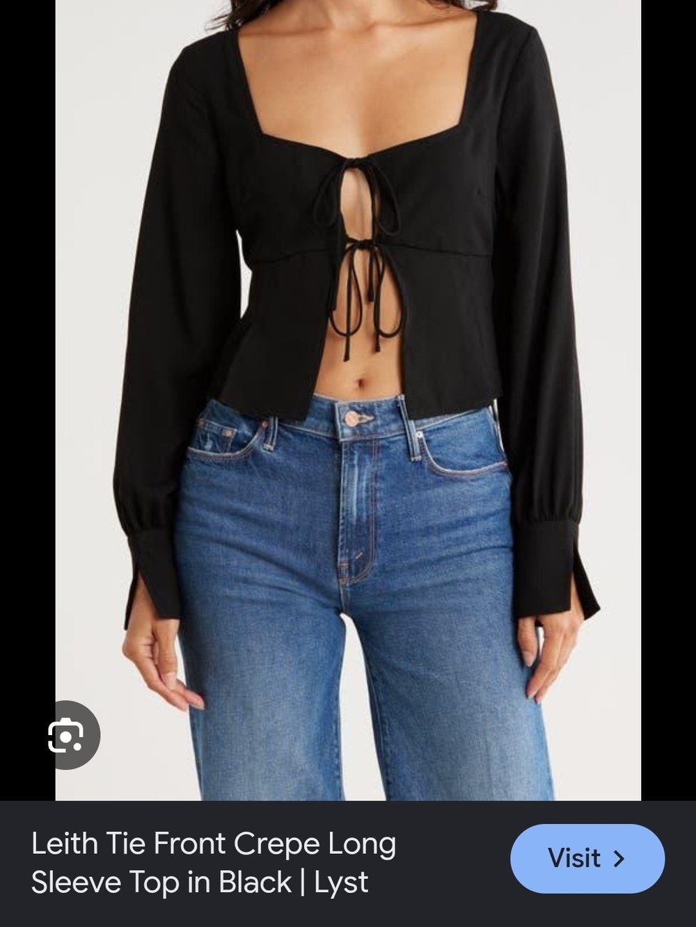 Leith Black Tie-Front Square Neck Long Sleeve Top